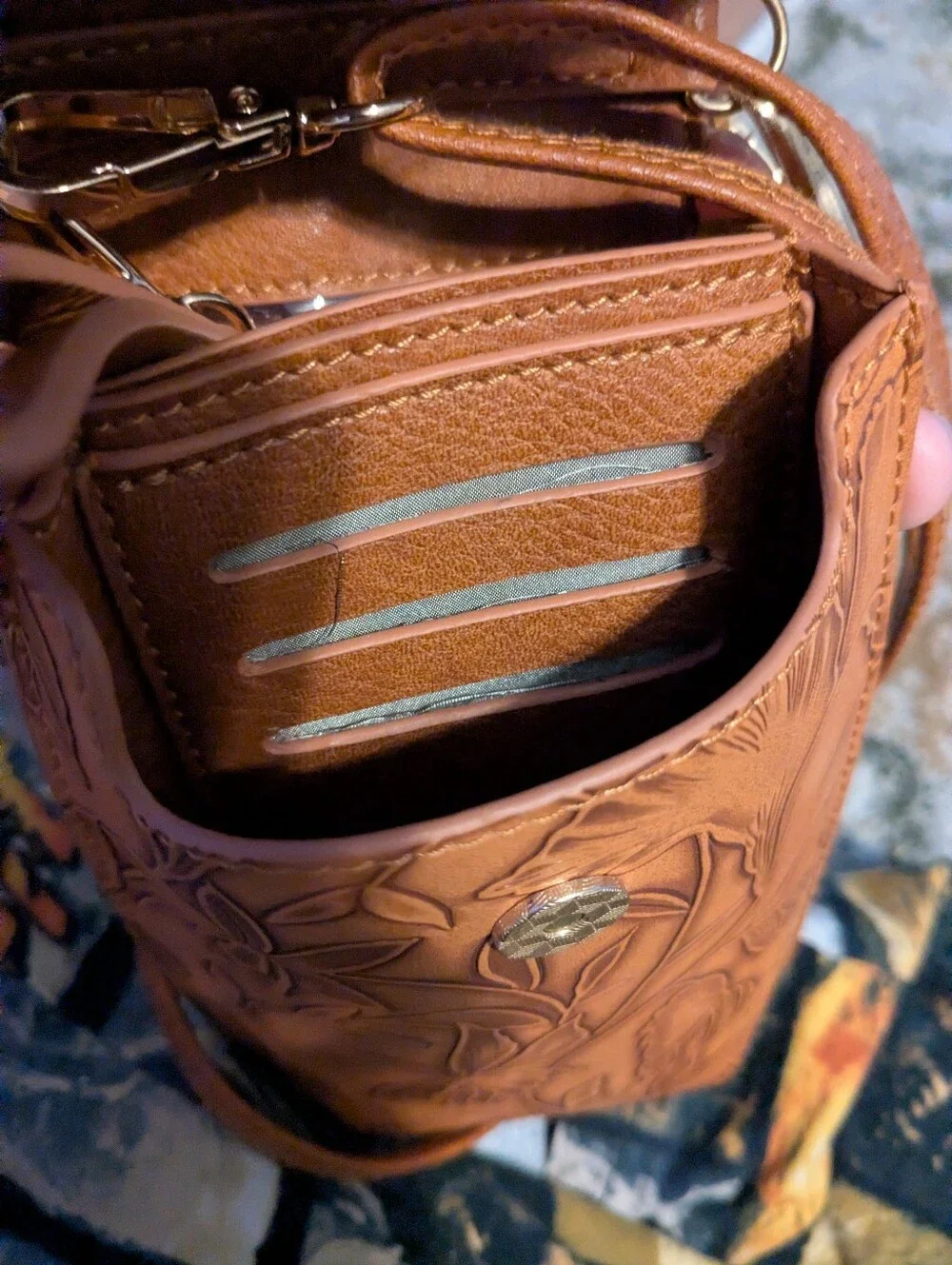Floral  Faux Leather Crossbody Phone Pouch Purse - Brown